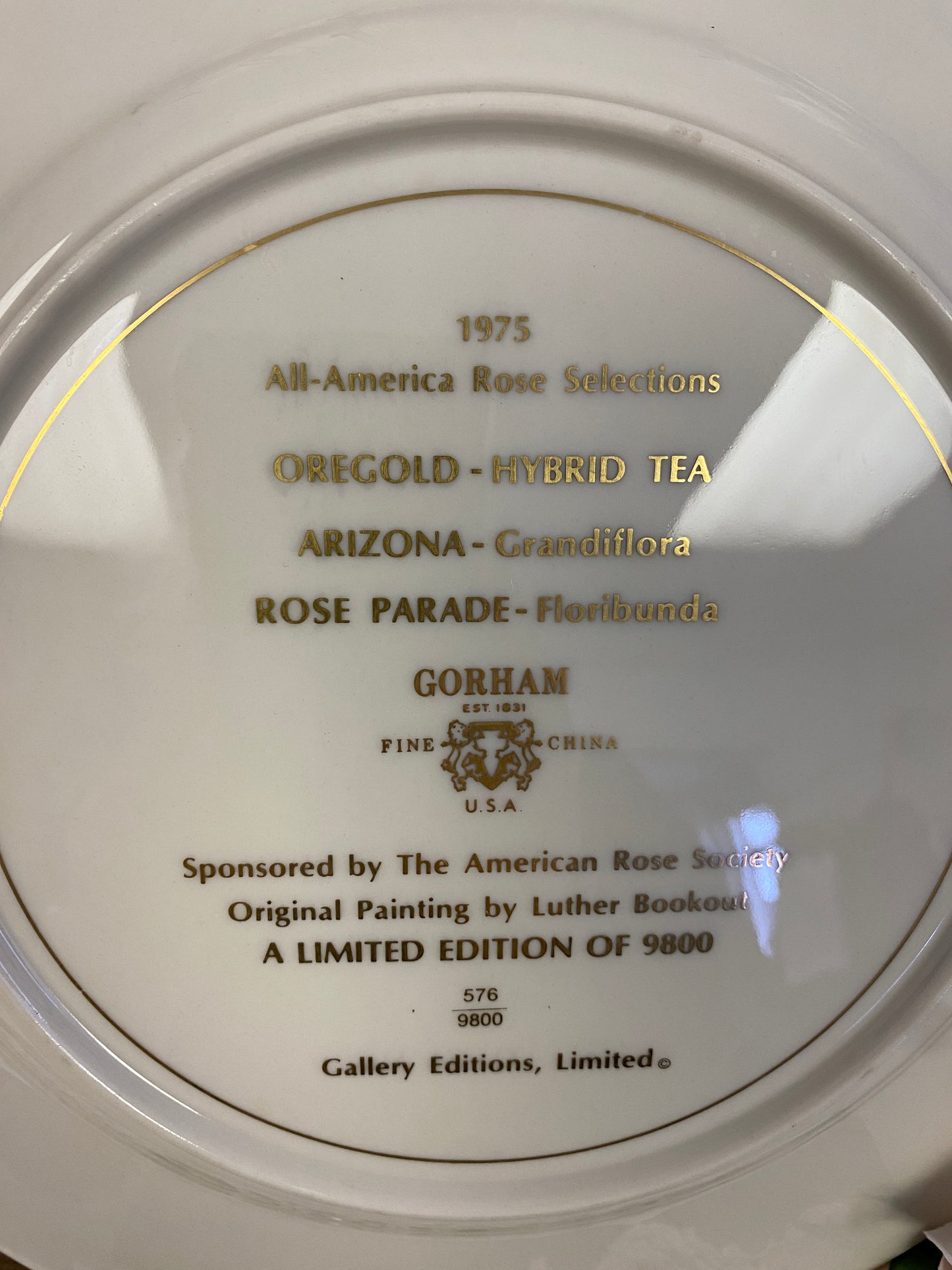 GORHAM ROSE PLATE - OREGOLD 1975