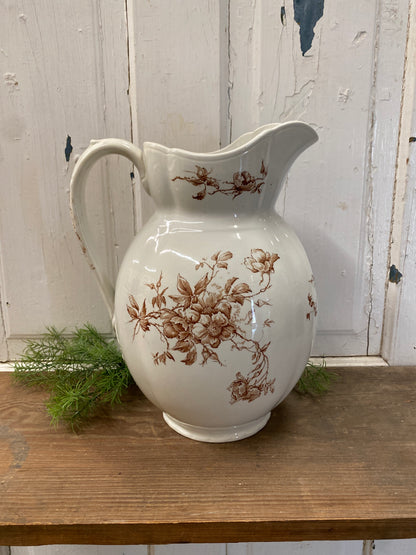 BROWN TRANSFER WARE PITCHER - WILD ROSE