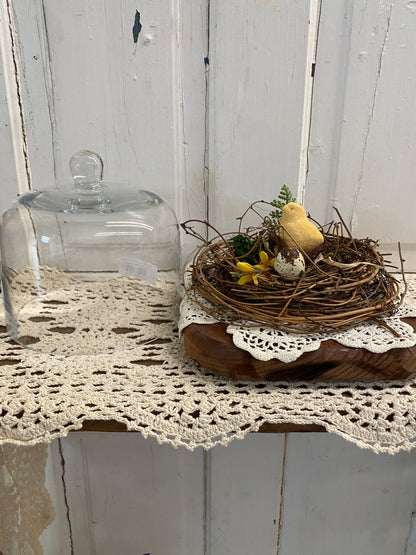 GLASS CLOCHE WITH CHICK DECOR ON WOOD BASE