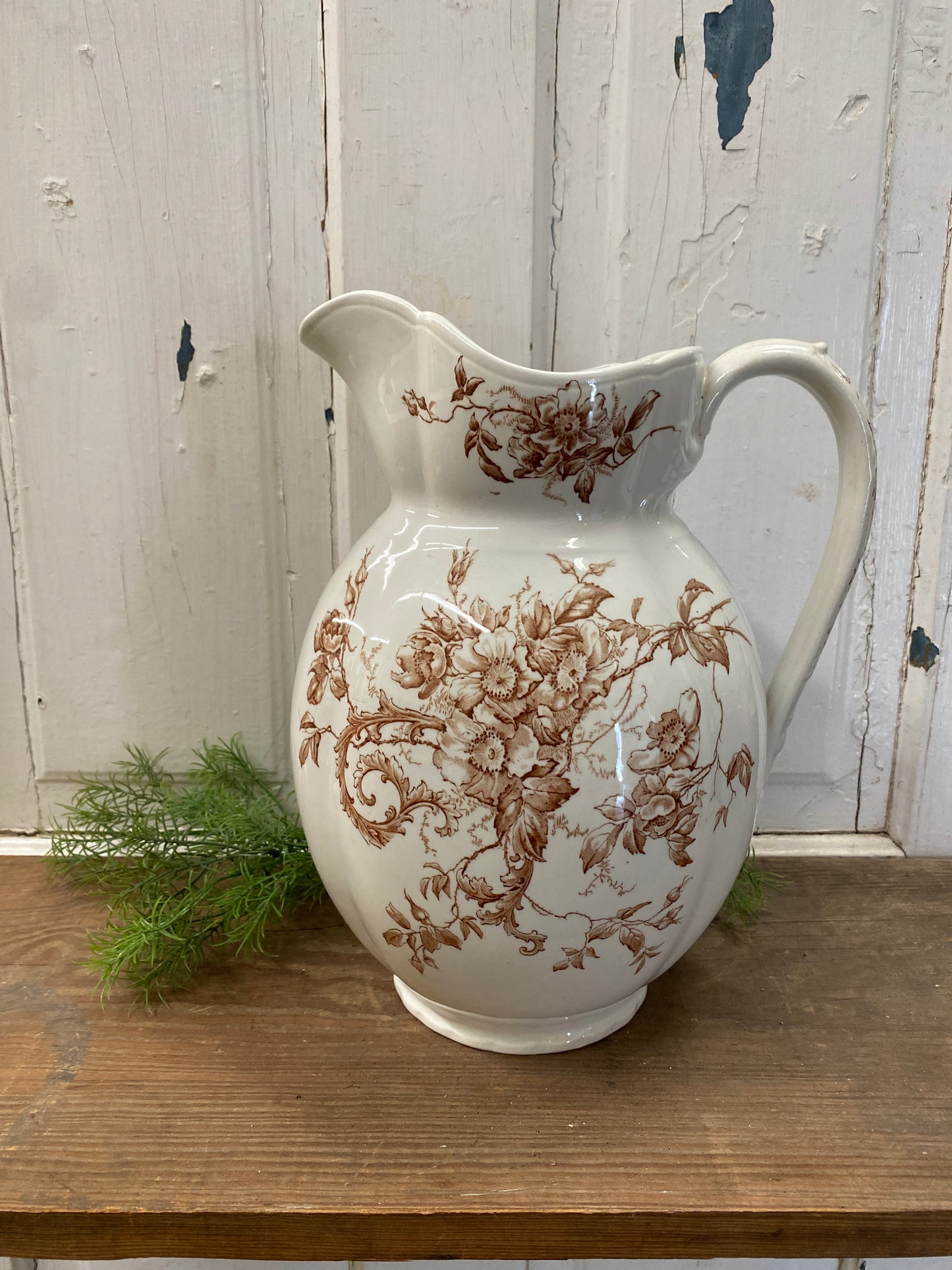 BROWN TRANSFER WARE PITCHER - WILD ROSE