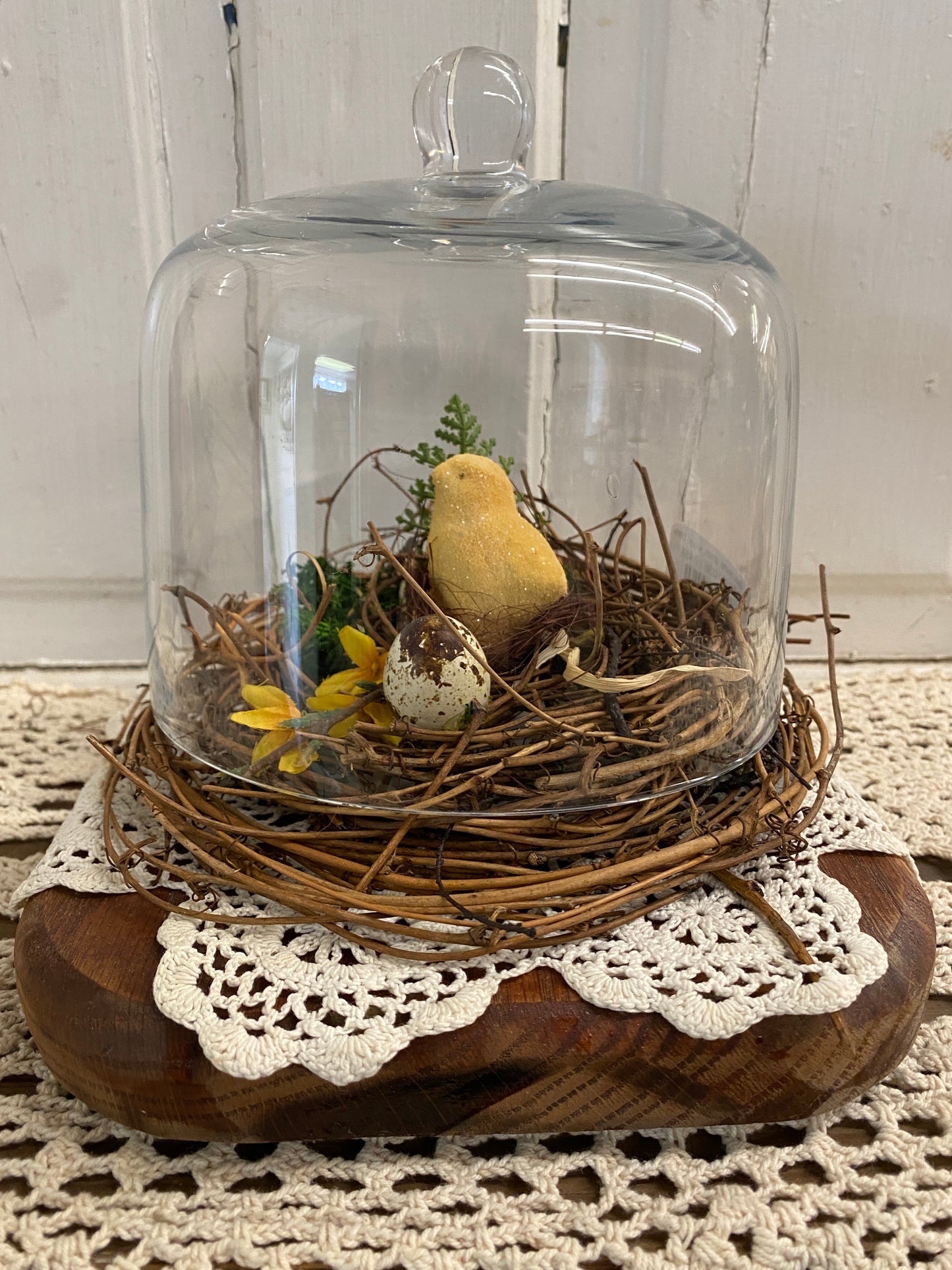 GLASS CLOCHE WITH CHICK DECOR ON WOOD BASE