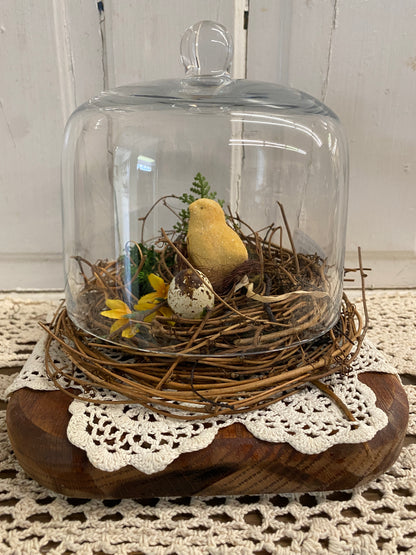 GLASS CLOCHE WITH CHICK DECOR ON WOOD BASE
