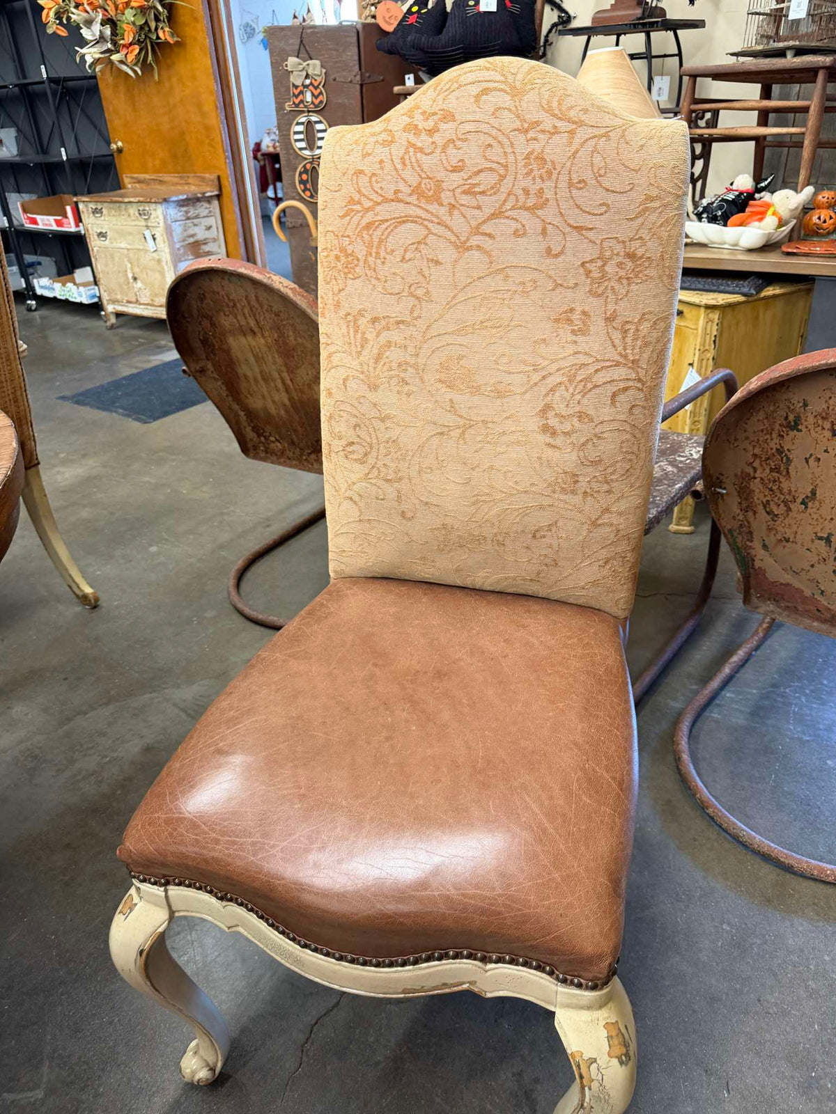 Leather and brocade side chair